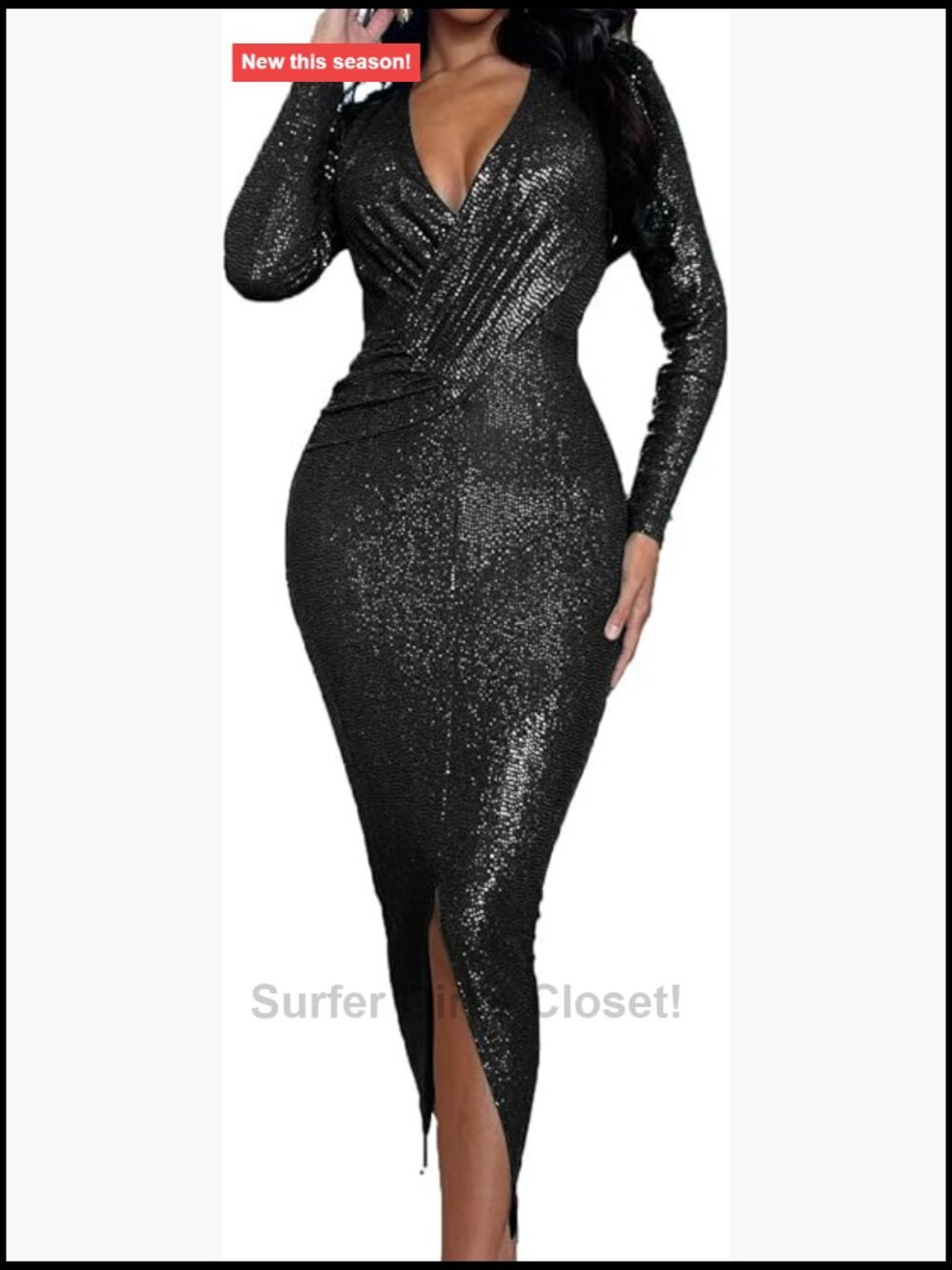 Womens Sequin Bodycon Midi Dress Long Sleeve Deep V Neck Ruched Party Club Dress
